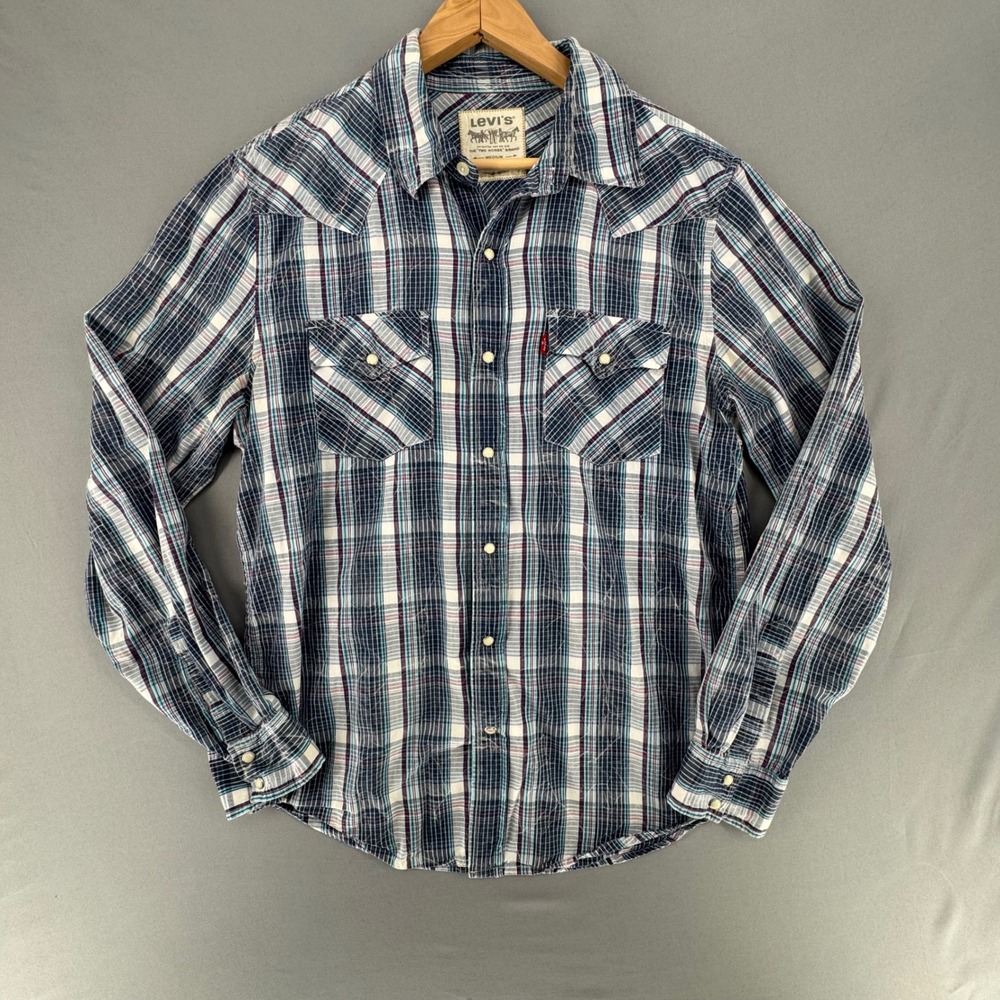 Levis Mens Plaid Western Pearl‎ Snap Long Sleeve Shirt Blue Purple Medium